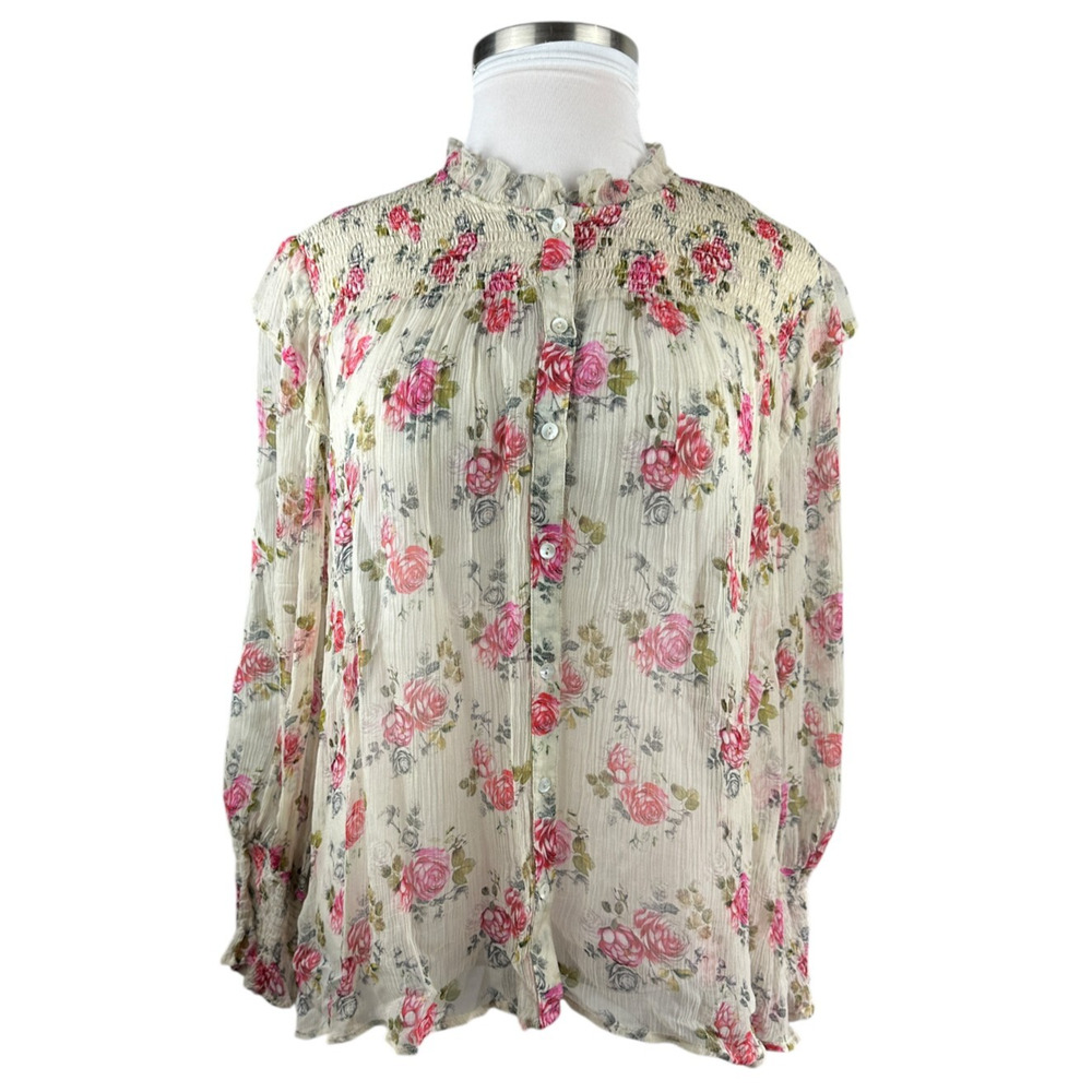 Sundance Amelia Floral Sheer Smocked Blouse Prairie Cottage Button Top Large - Picture 2 of 16